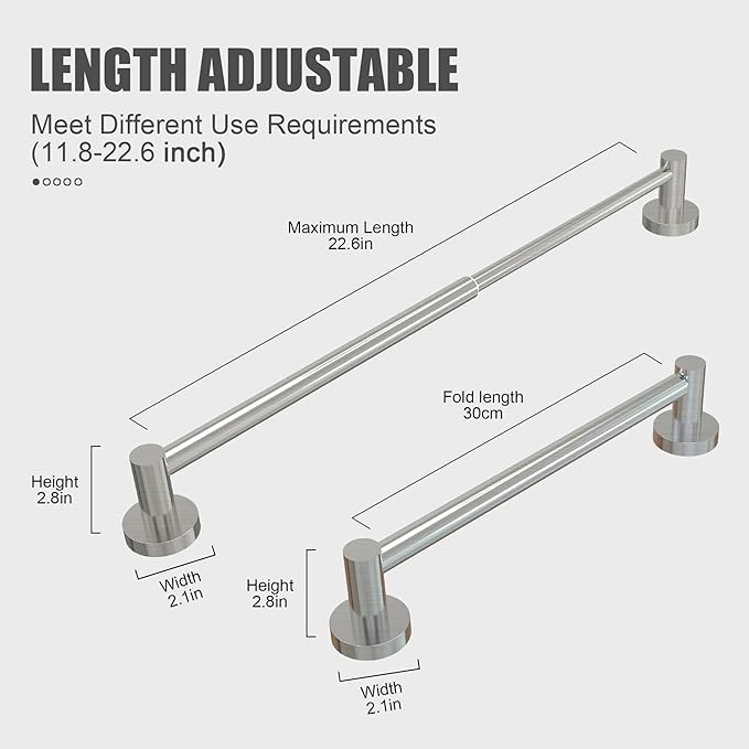 Honmein Towel Bar - Adjustable 304 Stainless Steel Towel Holder for Bathroom (11.8inch-22.6inch) Sturdy and Rustproof Wall Mounted Towel Rack for Bathroom Accessories, Silver?€?