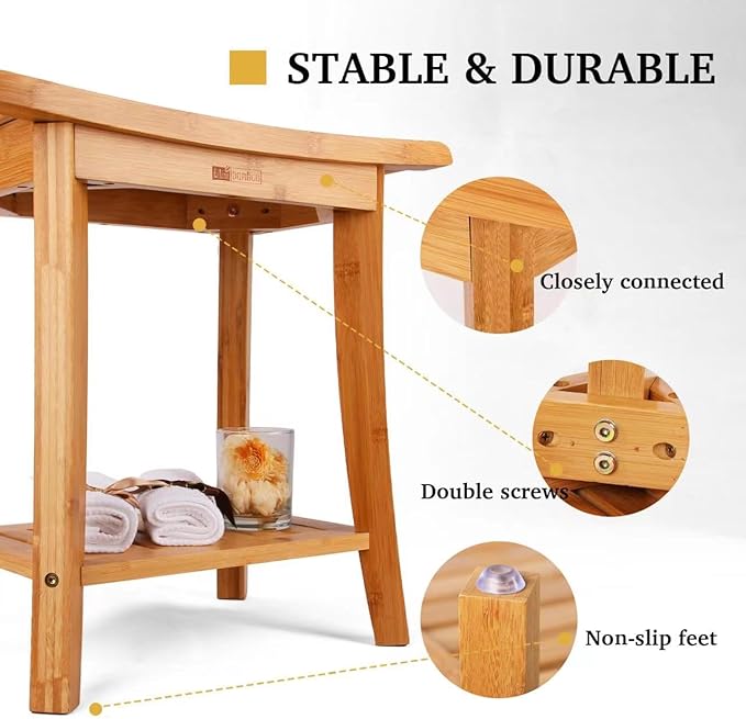 Unibambou Bamboo Shower Bench with Storage Shelf, Wooden Spa Bath Deluxe Organizer Shower Stool for Inside Shower, Bathroom Bench Seat for Adults Elderly Seniors for Indoor or Outdoor Use