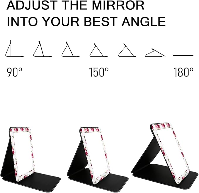 Mirror Foldable Portable Travel Makeup Compact Personal Hand Mirror PU Portable Adjustable Rectangular Ultrathin Vanity Mirror with Stand, for Travel, Camping, Home, Office & On-The-Go (Rose Pattern)