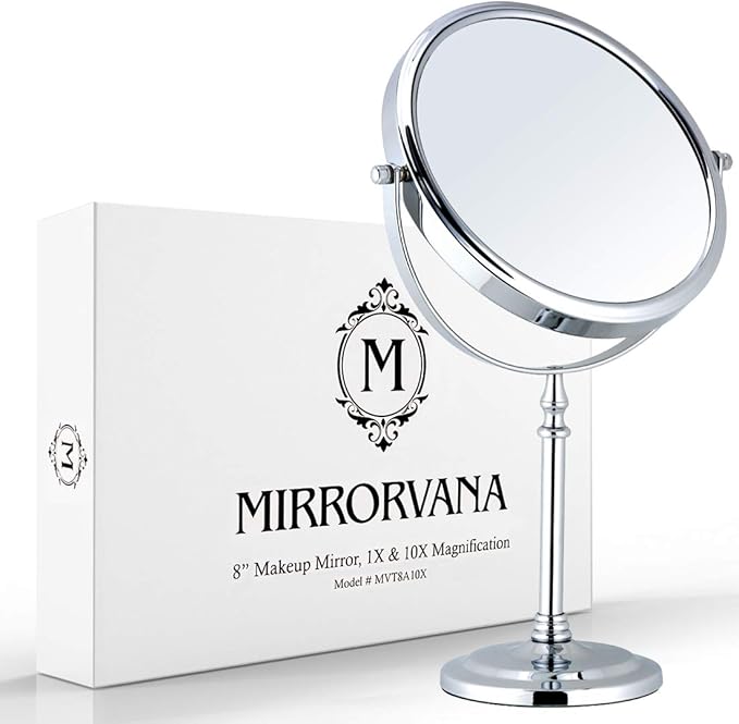 MIRRORVANA Large Double Sided 10X and 1X Magnifying Makeup Mirror with Stand in Gift Box, 15” Tall and 8” Wide