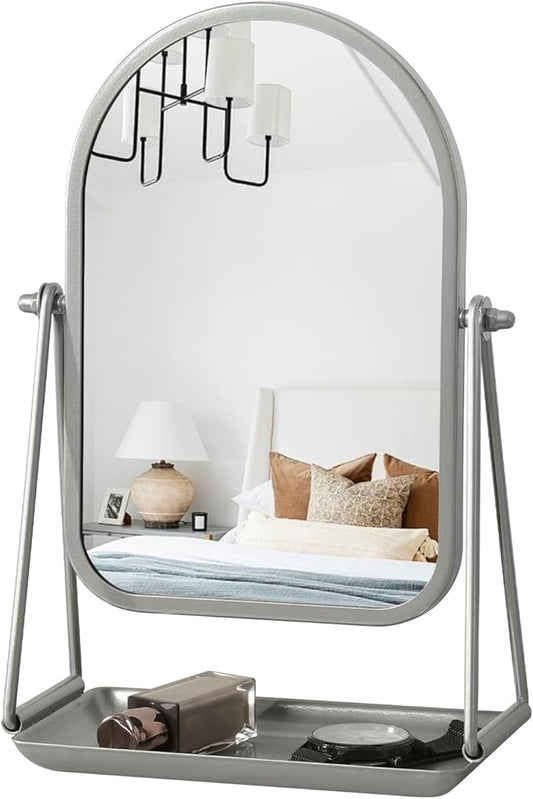 Vanity Mirror for Desk Arched Table Makeup Mirror 360°Rotation Freestanding Vanity Mirror with Metal Tray Silver Countertop Mirror with Storage for Living Room Bedroom Bathroom
