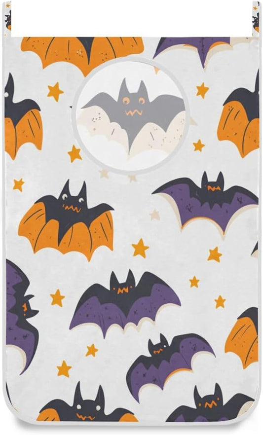 White Halloween Bats and Stars Hanging Laundry Hamper Door Hampers Bag Basket with Stainless Steel Hooks Oxford Fabric Printing Decorative Clothes Bags 29.5X20inch 2Pack