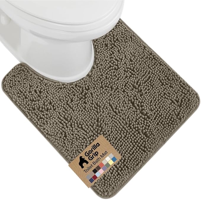 Gorilla Grip Shaggy Chenille Bath Rug Mat for Toilet Base, Machine Washable, Microfiber Dries Quickly, Plush Absorbent Contour Mats for Toilets, Bathroom Decor, Oval U-Shape, 22'' x 19'' x 15'', Latte