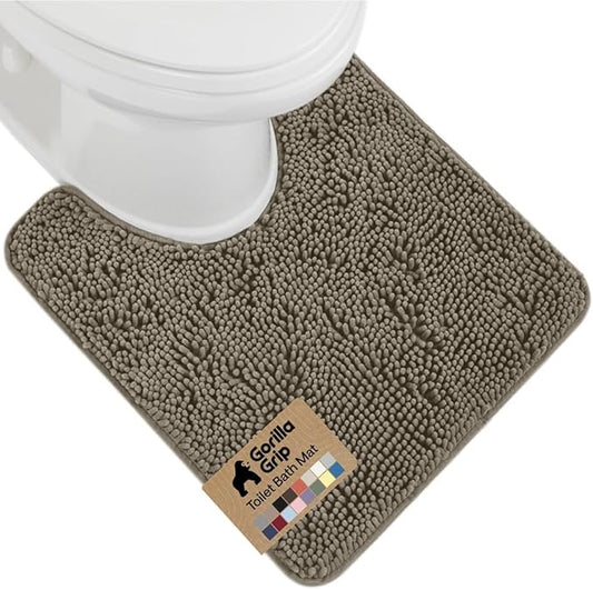 Gorilla Grip Shaggy Chenille Bath Rug Mat for Toilet Base, Machine Washable, Microfiber Dries Quickly, Plush Absorbent Contour Mats for Toilets, Bathroom Decor, Oval U-Shape, 22'' x 19'' x 15'', Latte
