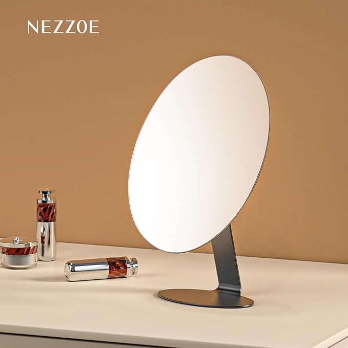 NEZZOE Oval Makeup Mirror for Desk, 12 Inch Frameless Metal Standing Table Top Mirror, Adjustable Angle