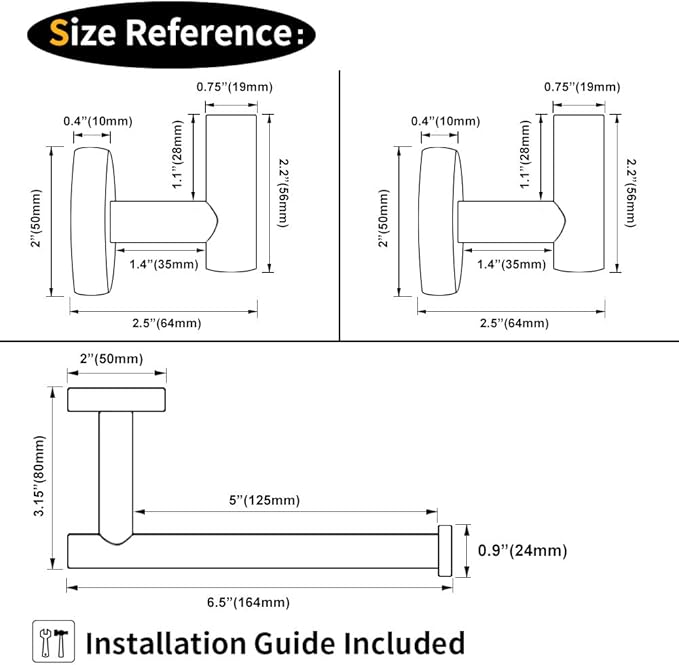 GERZWY Modern Matte Black 3-Piece Bathroom Hardware Set Toilet Paper Holder and 2X Towel Hook Wall Mounted SUS 304 Stainless Steel AG1401B-BK