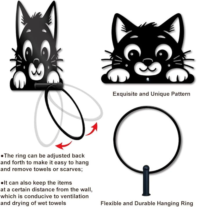 MAYJOYDIY Cute Cat Metal Towel Ring Cute Animal Towel Holder Peeping Cat Bath Towel Ring for Wall Black Art Towel Rack Wall Mounted for Bathroom Kitchen Towel Hanger Home Decors Gift