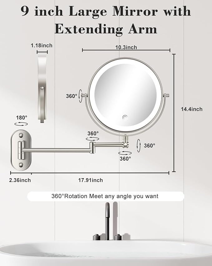 9'' 30X/1X Wall Mounted Lighted Makeup Mirror, Height Adjustable Double Sided 5000mAh Rechargeable Magnifying Bathroom Mirror with Light, 3 Color Modes Touch Dimmable Extended Arm 360 Rotation