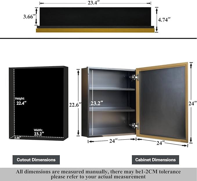 Medicine Cabinet with Mirror Recessed or Surface Mount Farmhouse Style Single Door Mirror Cabinet Square Bathroom Storage, Brushed Gold, 24x24 Inch