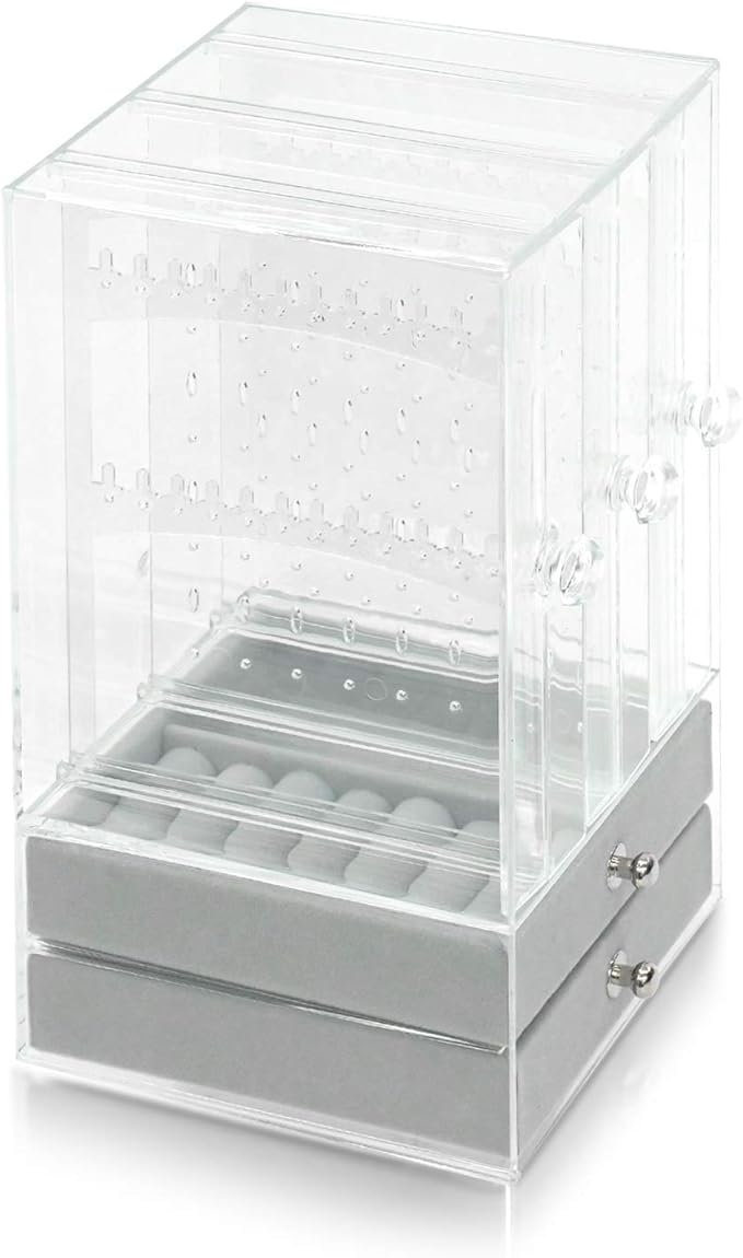 DOZZZ Acrylic Jewelry Organizer Box with 5 Drawers for Women, Clear Earring Holder Storage Display Stand Rack for Rings Necklace Bracelet
