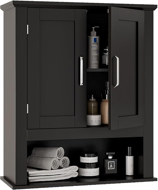VINGLI Bathroom Wall Cabinet, Black Medicine Cabinet with Open Shelf & 2 Doors, Adjustable Hanging Storage Organizer Over Toilet, Wooden Cupboard for Kitchen Laundry Room Entryway
