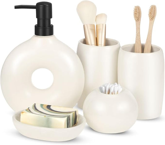 FoldTier 5 Pcs Ceramic Bathroom Accessories Set Includes Soap Dispenser Toothbrush Cup Holder Soapbox Holder Stylish Modern Bathroom Matte Glaze Decor(White)