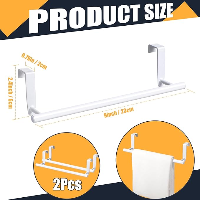 2 Pack Towel Rack for Cabinet, Over Cabinet Bar, Strong Steel Towel Holder, 9 Inch for Home Kitchen Bathroom Doors(White)