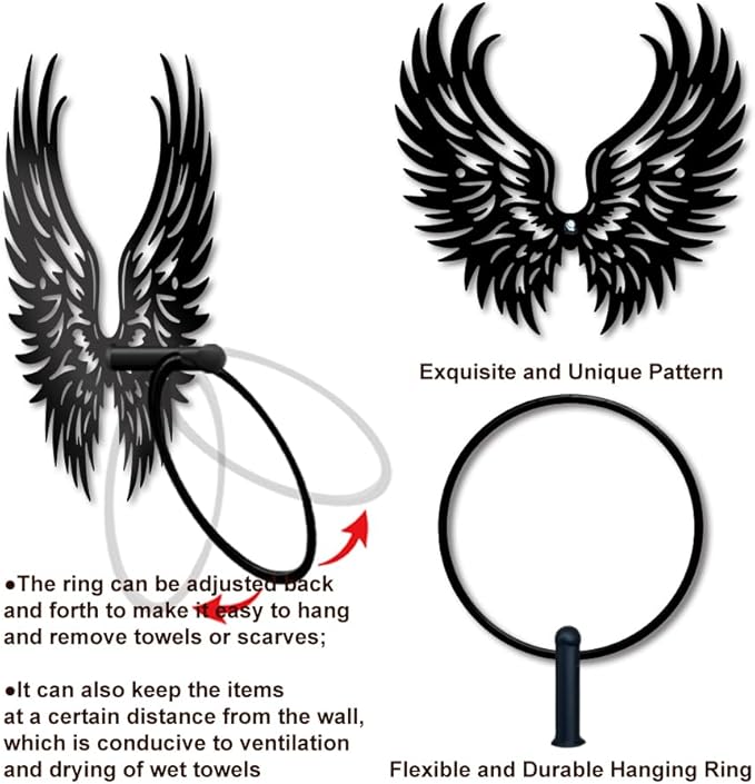 MAYJOYDIY Angel Wings Metal Towel Ring Feather Wings Towel Holder Bath Towel Ring for Wall Black Art Towel Rack Wall Mounted for Bathroom Kitchen Towel Hanger Home Decors Gift