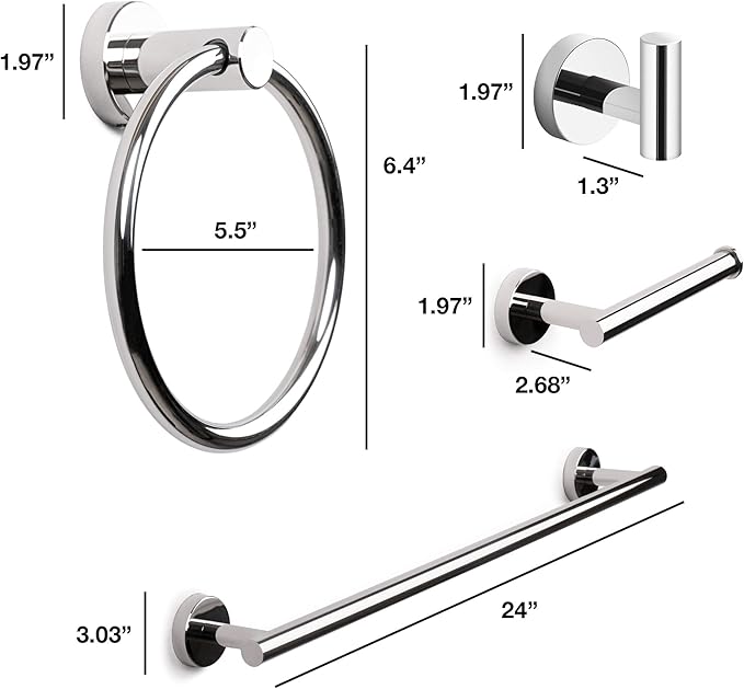 MARMOLUX ACC Bathroom Hardware Set Towel Racks 4 Pieces Hand Towel Ring Holder-Toilet Paper Holder-Towel Hook-Towel Bar Heavy Duty Wall Mount Bathroom Accessories SUS 304 Stainless Steel Mirror Finish