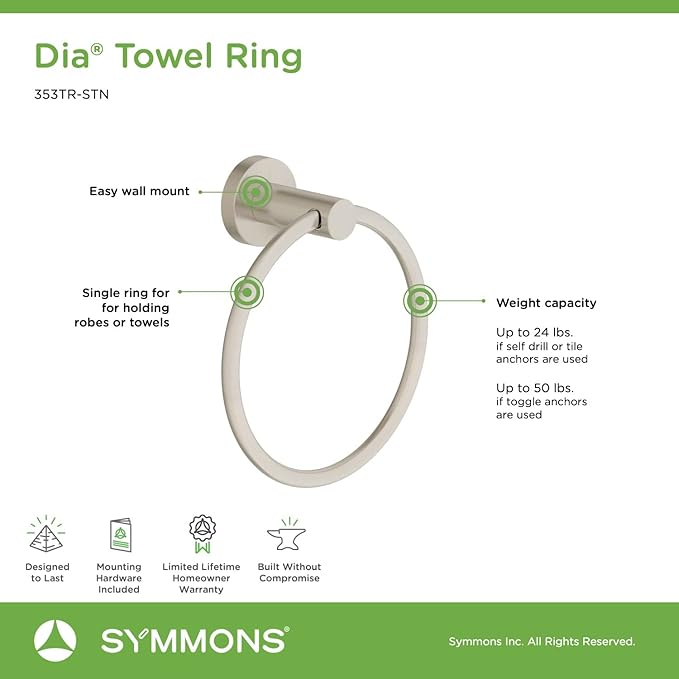 Symmons 353TR-STN Dia Wall-Mounted Towel Ring in Satin Nickel