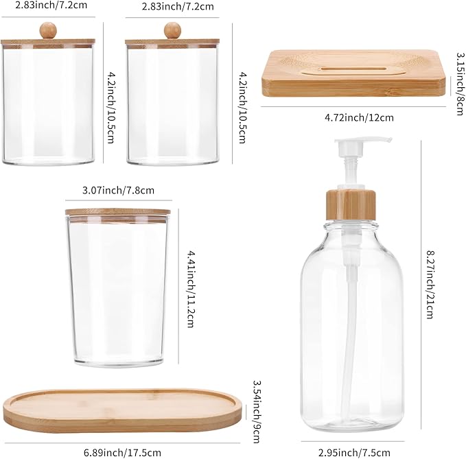 Fixwal Bathroom Soap Dispenser Set, Bamboo Bathroom Accessories Set of 6, Toothbrush Holder, Soap Dispenser, Soap Dish, Tray and 2 Plastic Qtip Medicine Jars with Bamboo Lid