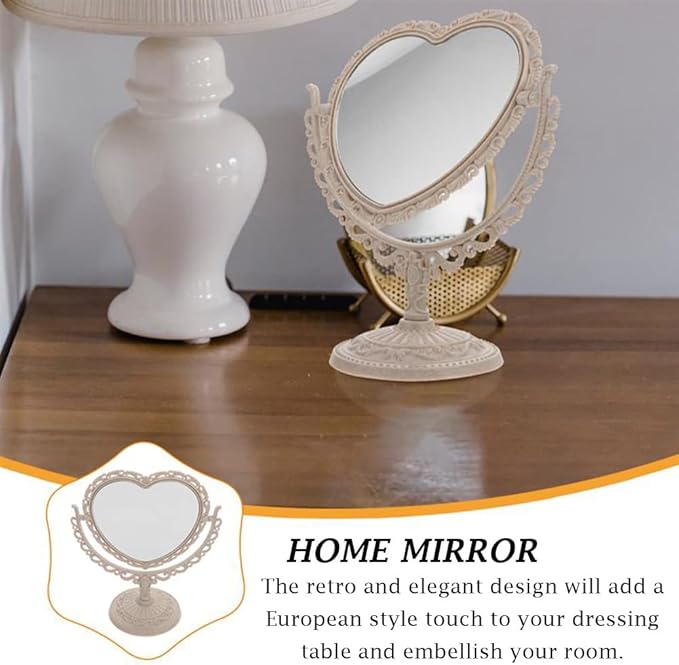 AKOAK Heart-Shaped Cosmetic Mirror - Plastic, Double-Sided, Rotatable, Lightweight - Bathroom & Bedroom Mirror (Beige)