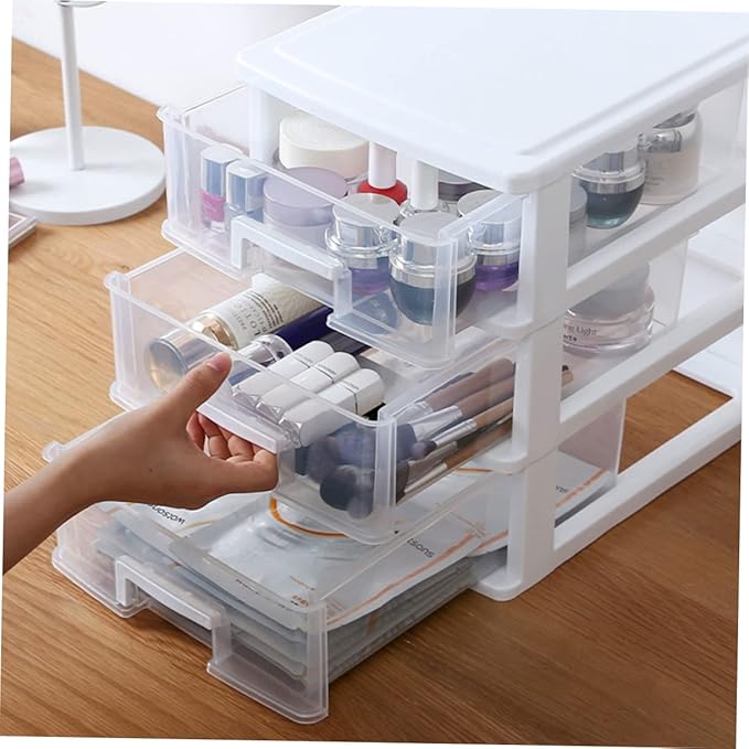 Outanaya Three-layer Drawer Storage Cabinet White Plastic Organizer for Desktop Multifunctional Storage Box for Sundries Bathroom Office Use