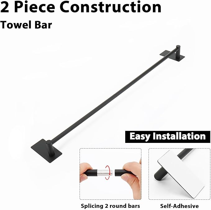 NearMoon Self Adhesive Bathroom Towel Bar- Stainless Steel Bath Wall Shelf Rack Hanging Towel Stick On Sticky Hanger Contemporary Style, NO Drilling (1 Pack, Matte Black, 24-Inch Towel Rack)