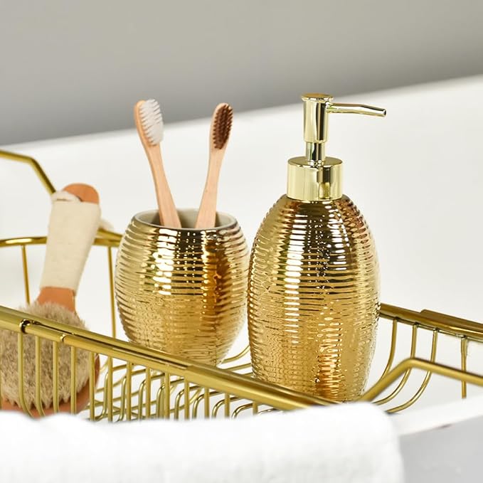 Gold Bathroom Accessory Set - 3 Piece Striped Style Decorative Ceramic Bathroom Accessories Sets with Lotion Soap Dispenser, Toothbrush Holder/Tumbler and Soap Dish, Golden Gift Set for New Home Decor