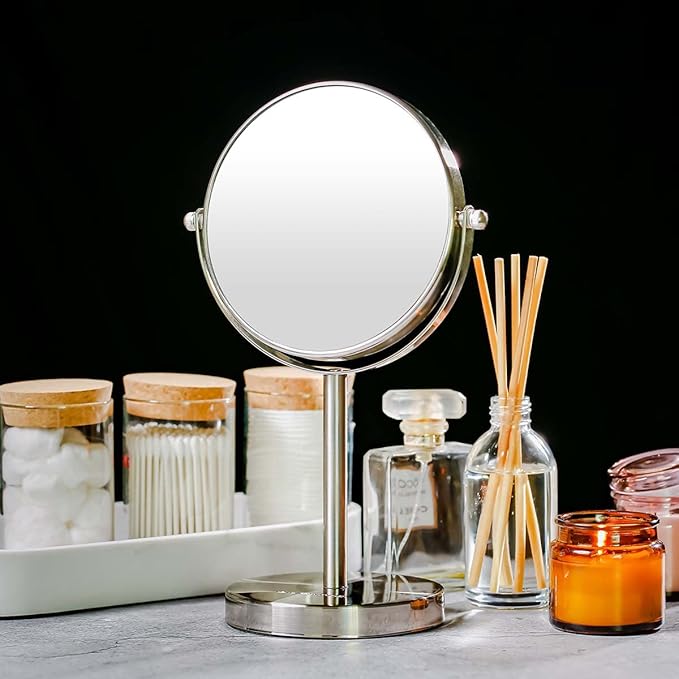 OVENTE 6'' Tabletop Makeup Mirror with 1X/7X Magnification, 360° Swivel Design, Double-Sided Free-Standing Vanity Mirror Perfect for Dresser, Bedroom and Office Desk, Nickel Brushed MNLT60BR1X7X