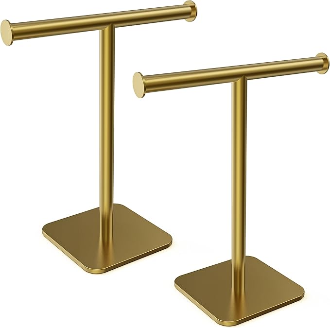 RUACQ Hand Towel Holder Stand, T-Shape Stainless Steel Free Standing Towel Rack, Vanity Countertop Towel Holder for Bathroom Kitchen Heavy Duty (Brushed Gold, 2 Pack)