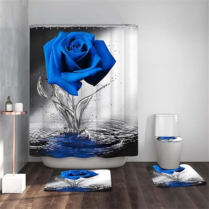 Blue Rose Bathroom Set with Shower Curtain and Non-Slip Rugs, Bath Mat, Toilet Lid Cover and 12 Strong Hooks - Modern Style for Bathroom
