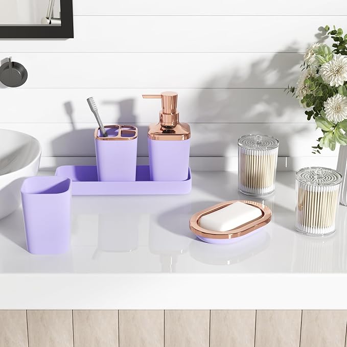 XLHOMO 9-Piece Bathroom Accessories Set, Purple Bathroom Accessories Sets Complete with Trash Can,Tray,Soap Dispenser,Toothbrush Holder,Toothbrush Cup,Soap Dish,Toilet Brush and Q-tip Holders
