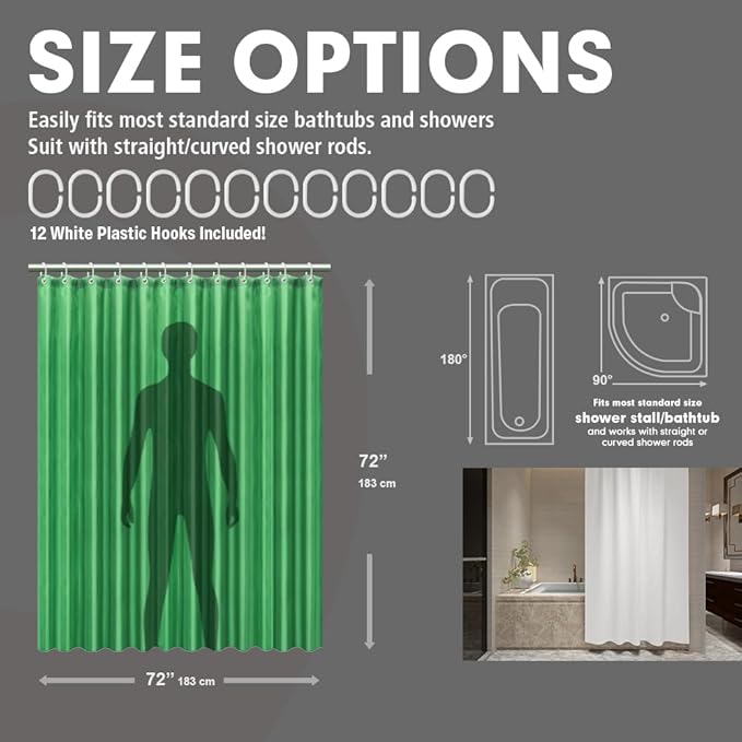 Strip Green Fabric Shower Curtain with Magnets - 85 GSM Heavy Duty Waterproof Bath Curtain, 12 Reinforced Metal Grommets (72x72 Inches)