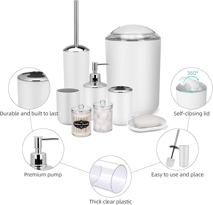 IMAVO Bathroom Accessories Set,White Bathroom Set,9 Pieces Bathroom Accessory Set,Tray,Qtip Holders,Toilet Brush,Trash Can for Bathroom Décor and Home Gifts