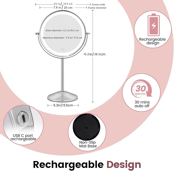 8" Makeup Mirror with Lights, Vanity Mirror with 1X/10X Magnification, Touch Screen 3 Colors Dimmable 54 LED Lights Brightness Adjustable 360° Rotation for Tabletop