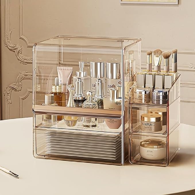 Makeup Organizer with Lid Drawers Translucent Skincare Holder Large Capacity Cosmetics Countertop Storage Box for Vanity Easy Visibility Dustproof (Gold Clear,Large + Brush Holder)