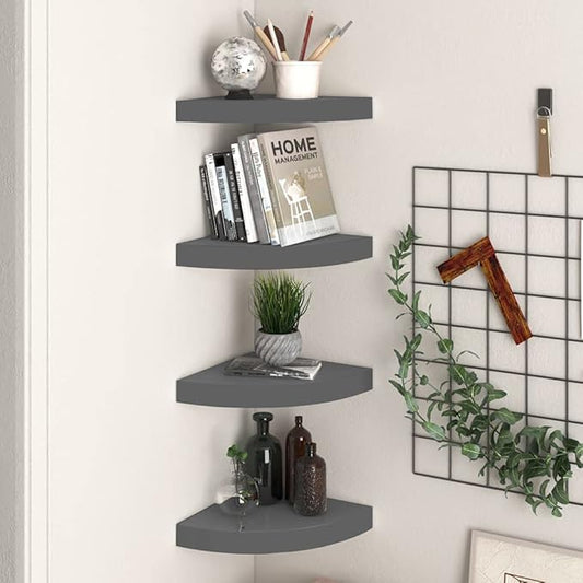 Floating Corner Shelves 4-Pack High Gloss Gray 9.8x9.8 Inch Wall Mounted MDF Shelves with Invisible Mounting System for Bathroom Bedroom Living Room Decor Storage
