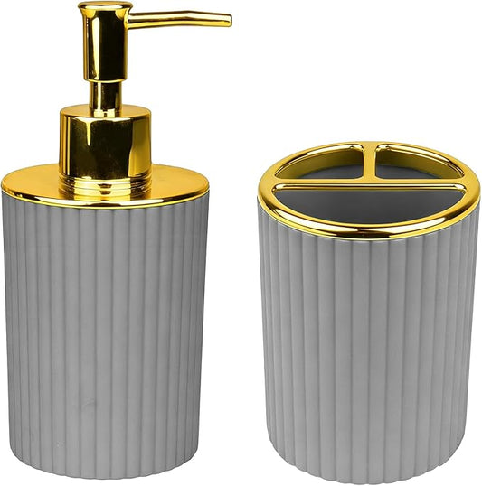 Bathroom Accessories Set, 2-Piece Gray & Gold Soap Dispenser & Toothbrush Holder, Modern ABS Vanity Organizer for Countertop, Minimalist Bathroom Decor