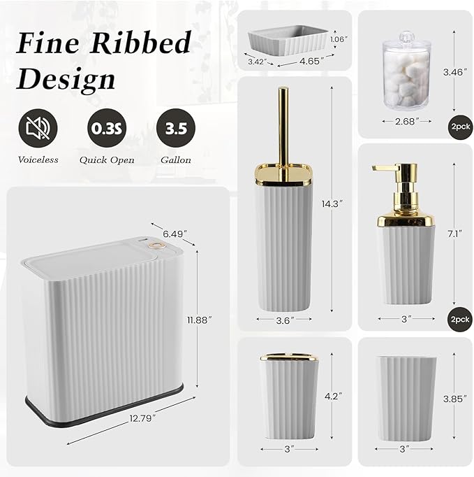 XLHOMO 9-Piece Light Gray Bathroom Accessories Set - Modern Vertical Stripe Decor with Slim Wastebasket, Soap Dispenser & Toothbrush Set - Neutral Bath Organization Kit