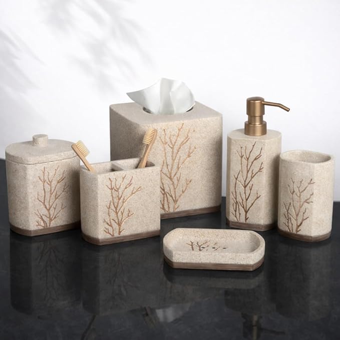 Decozen Bathroom Accessories 6Pcs Set, Soap Dispenser, Toothbrush Holders, Tumbler, Soap Dish & Cotton Swab Jar – Modern Bathroom Decor, Modern Farmhouse Decor, Countertop Accessories, Beige Brown