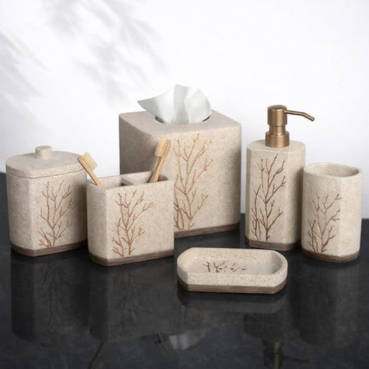 Decozen Bathroom Accessories 6Pcs Set, Soap Dispenser, Toothbrush Holders, Tumbler, Soap Dish & Cotton Swab Jar – Modern Bathroom Decor, Modern Farmhouse Decor, Countertop Accessories, Beige Brown