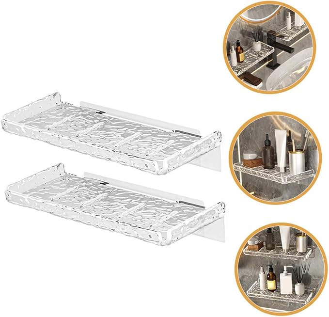 SHINEOFI 2pcs Transparent Wave Pattern Floating Wall Shelf Bathroom Storage Rack Organizer No Drilling Easy Install for Kitchen Toilet Sundries Bathroom Stand Sink