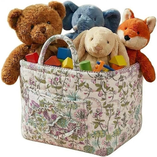 Quilted Fabric Basket Car Storage Basket Boho Floral Laundry Hamper for Nursery Bedroom & Living Room | Organize Clothes Toys