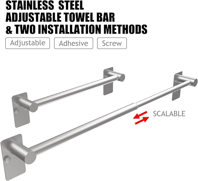 Towel Bar, 14inch to 25inch Adjustable Towel Holder Rod, Self Adhesive Wall Mounted Hand or Body Towel Rack for Bathroom Kitchen, Stainless Steel Organizer Single Bar (Brushed Nickel, 4 Pack)