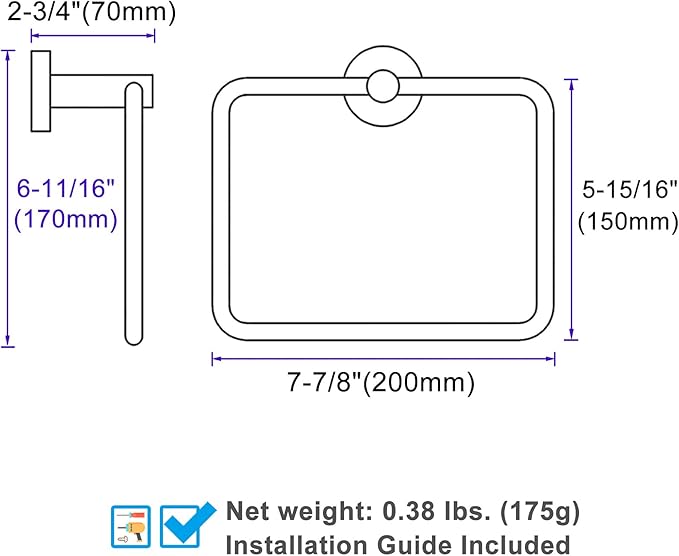Angle Simple Square Towel Ring Brushed Dark Gold, SUS304 Stainless Steel Swivel Hand Towel Holder for Bathroom, Wall Mount, 7.87 Inches