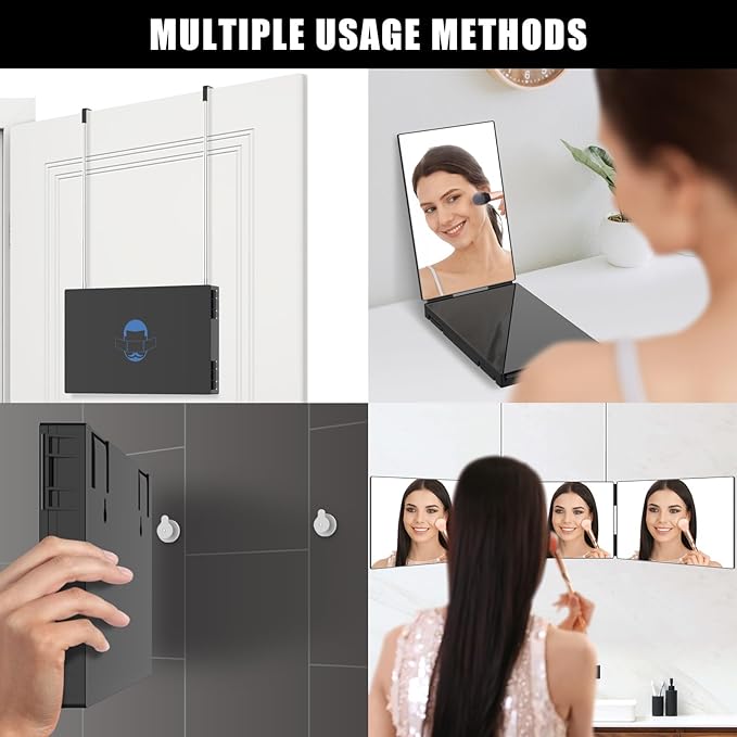 OLIBUY 3 Way Mirror with LED for Hair Cutting, Tri-fold Mirror for Shaver and Makeup, Adjustable Telescoping Hooks-with LED Version