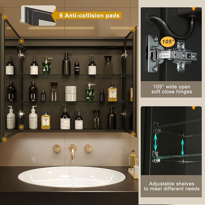 KWW LED Lighted Bathroom Medicine Cabinet with Sockets & USBs, Defogger, Dimmable, 3 Color Light Makeup Mirror, Easy to Install, Wall Mounted Cabinet (2 Door-30 * 28)