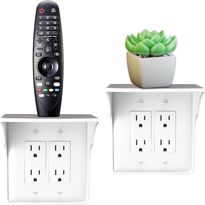 BeraTek Industries Power Perch Outlet Shelf - Bathroom Shelving for Electric Toothbrush, Alexa Stand - 2pk Singe and 2pk Double - White