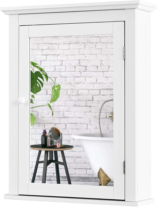 Tangkula Bathroom Cabinet with Mirror, Mirrored Wall-Mounted Storage Medicine Cabinet w/Single Door & Adjustable Shelf in 5 Positions, Multipurpose Wall Cabinet for Bathroom (White)