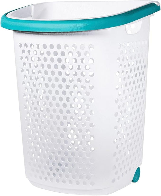 2Bushel -Wheeled Laundry Plastic Basket ，With a Handle, Lightweight and Durable, With Wheels, Suitable for Apartments, Bedrooms, Bathrooms and Laundry Rooms (15.47x 20.11 x 25 in)