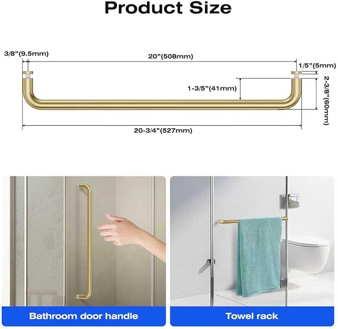 Ranbo Glass Shower Door Towel Bar 20 Inch Stainless Steel Sliding Shower Door Handle Replacement with Brass Gold Finish for Commercial and Residential Glass Doors