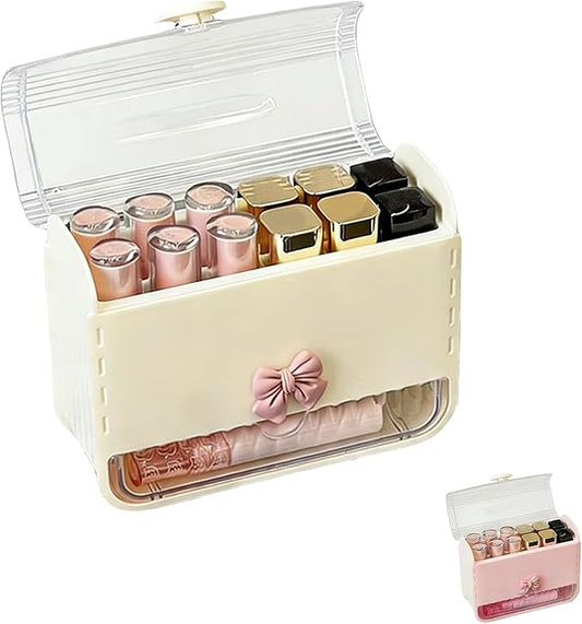 Clear Lid Lipstick Organizer with Bow Charm- Flip-Lid Compartment & Pull-Out Drawer Organizer for Makeup Accessories (Cream Yellow)