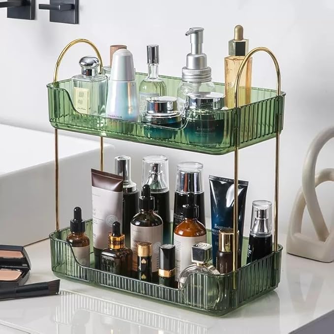CESTATIVO Bathroom Organizer Countertop, Vanity Trays for Bathroom, Skincare Makeup Shelf, Organizer, Counter Shelf Cosmetics, Toiletries, Lotions, Perfumes (2 Tiers, Green)